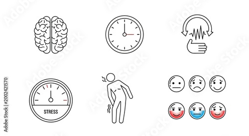 Line art icons depicting stress-related conditions are arranged in a row against a white background, presenting a minimalist design with a clean and modern aesthetic that emphasizes mental