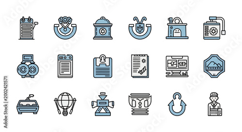A set of diverse historical themed icons arranged as a vector graphic against a white backdrop, rendered with thin line art in a flat design style, conveying a sense of history and cultural