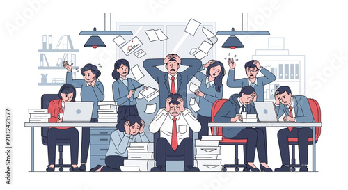 Illustration of stressed office workers overwhelmed by paperwork and deadlines, depicted in a vector style with a muted color palette against a simple background, capturing a feeling