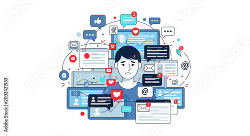 Anxious young man is visually overwhelmed by numerous social media notifications and windows in a flat lay illustration with cool blues and reds against a stark white background