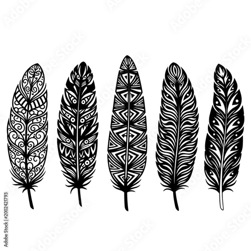 Boho Feather Illustrations: Tribal Patterns, Hand-Drawn Style, Isolated on White