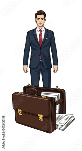 Business man in suit with briefcases and documents, professional career illustration