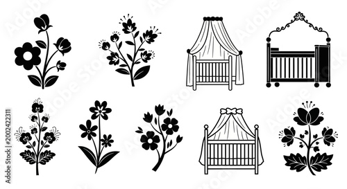 Baby Cribs and Floral Silhouettes - Vector Set