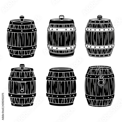 Vintage Wooden Barrels Set - Black and White Illustrations
