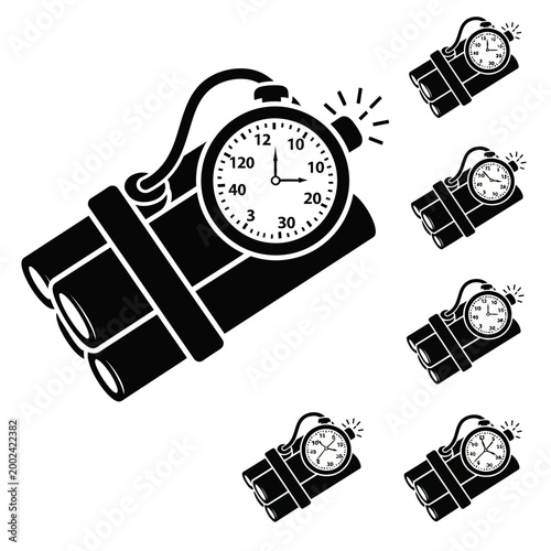 Dynamite Bomb with Timer Icon, Danger, Countdown, Explosion Risk, Black and White