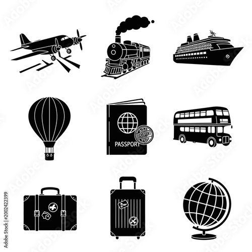 Travel Icons: Airplane, Train, Cruise Ship, Hot Air Balloon, Passport, Bus, Luggage, Globe