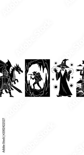 Fantasy Characters: Dragon, Miner, Wizard, Knight - Black and White Illustrations