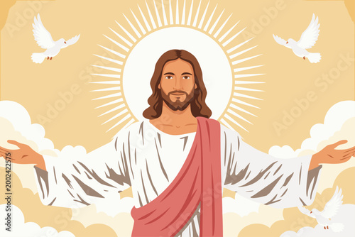 Flat 2D vector illustration of the biblical Ascension of Jesus Christ for a Christian feast day