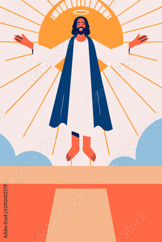 Flat 2D vector illustration of the biblical Ascension of Jesus Christ for a Christian feast day