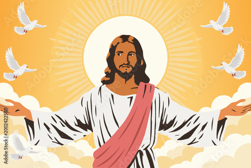 Flat 2D vector illustration of the biblical Ascension of Jesus Christ for a Christian feast day