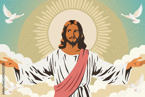 Flat 2D vector illustration of the biblical Ascension of Jesus Christ for a Christian feast day