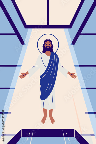 Flat 2D vector illustration of the biblical Ascension of Jesus Christ for a Christian feast day