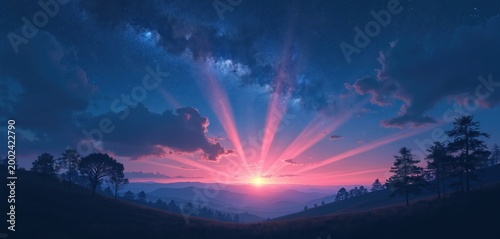 Pink sun rays beam through cloudy night sky over mountain hills. Stars shine bright above silhouetted trees and grass. Evening dusk brings serene atmospheric light.