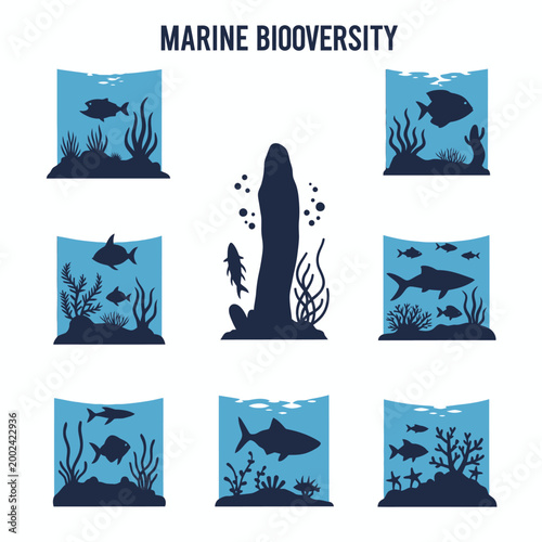 Marine Biodiversity Illustration: Fish, Coral, Seaweed Silhouettes in Aquariums