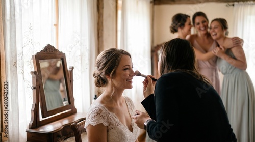 A bride getting ready with bridesmaids at her wedding, with the assistance of a makeup artist