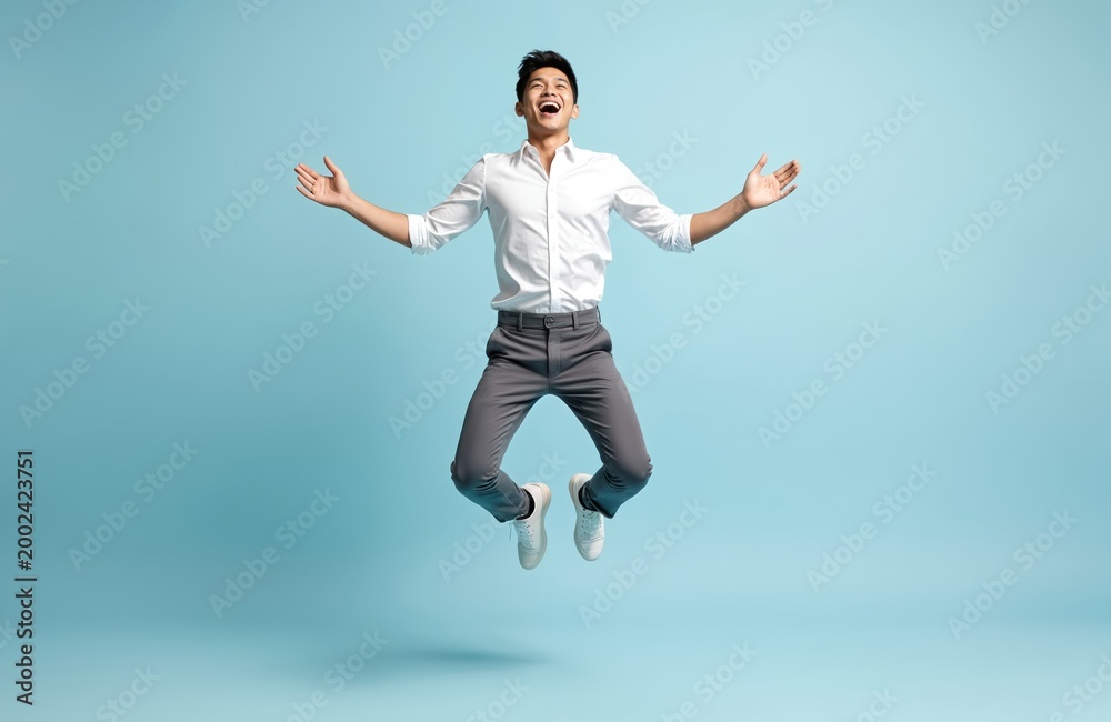 Fototapeta premium Young Asian man jumps with arms spread wide and face toward sky. He wears white shirt grey pants, white sneakers, on isolated light blue studio backdrop, expressing pure joy and freedom.