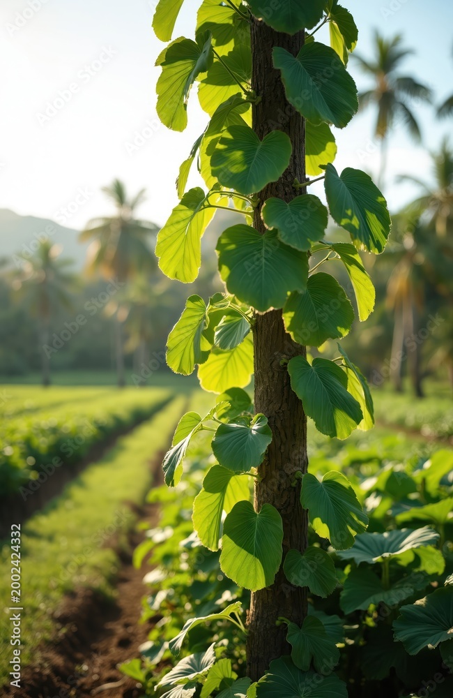 Naklejka premium Green vine plant climbs tree trunk. Large leaves grow on stem in sunlight. Farm field and palm trees in background. Lush tropical foliage grows.