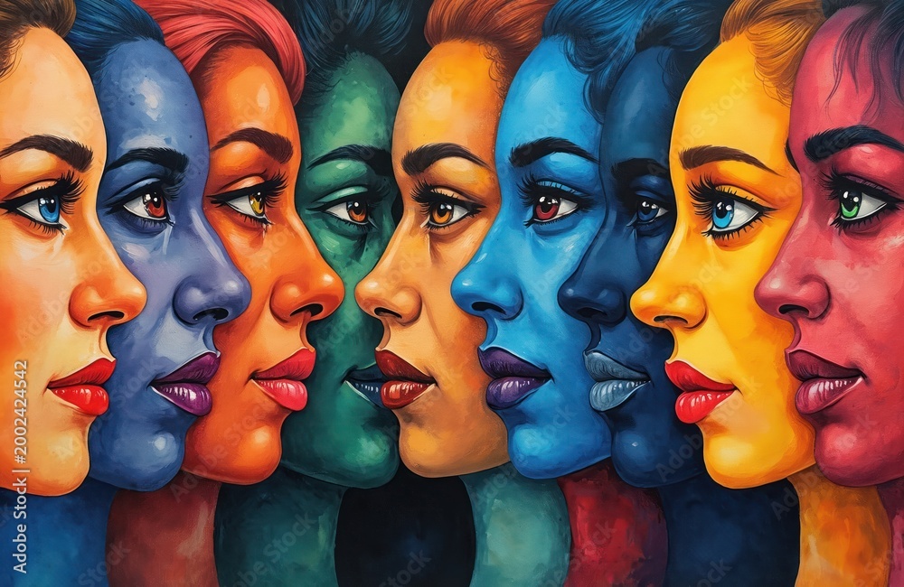 Obraz premium Group of diverse faces painted in vibrant colors. Women portraits show unity, equality, and shared human identity. Abstract background implies community, acceptance, and belonging.