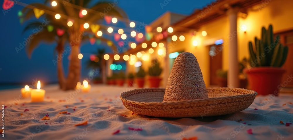Fototapeta premium Straw sombrero rests on beach sand at night. String lights glow over palm trees and buildings. Candles flicker, casting warm light. Party atmosphere, festive decorations.