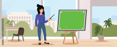 a woman presentation standing in front of a large board with green chroma key vector illustration