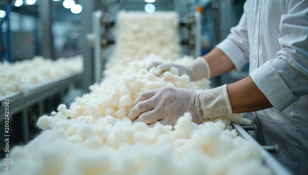Naklejka premium Worker in gloves sorts raw wool fibers on a conveyor belt. Factory equipment processes natural material for textile manufacturing industry. Quality control checks fiber batches.