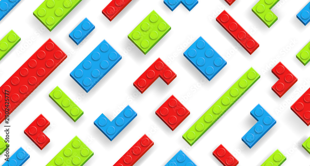 Fototapeta premium Seamless background made with realistic multicolor Lego plastik constructor blocks on white background with shadows. Vector editorial illustration