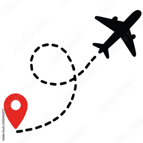Black airplane flying on a dotted path to a red location pin