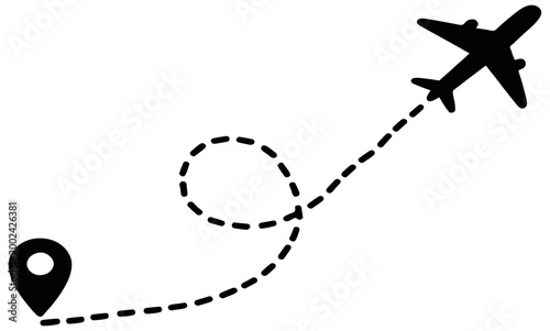 Airplane flying from location marker with dashed line
