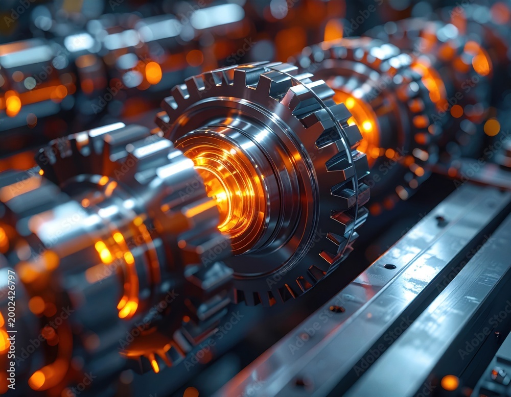 Fototapeta premium Metal gears with orange glow, industrial machinery, chrome components, futuristic manufacturing technology