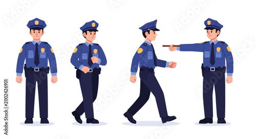 A set of police officer illustrations showing a man in uniform in various poses against a white background, with a flat design style and a focus on law enforcement and public safety