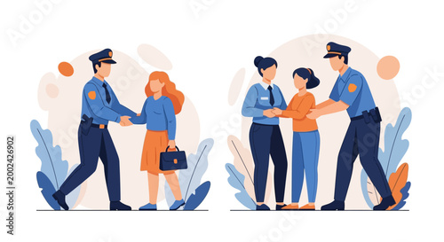 Illustrated scene showing a police officer greeting a young woman carrying a briefcase, and another officer consoling a different woman with a hand on her shoulder, all against a decorative
