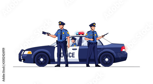 Illustration of three police officers in uniform, one sitting in a dark blue and white patrol car with a red and blue light bar, holding firearms against a clean white background in a flat