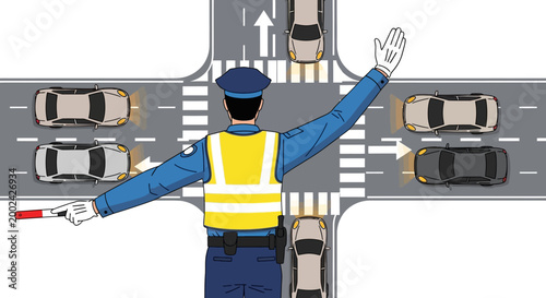 Illustration shows a traffic officer in uniform directing vehicles at a four-way intersection, using hand signals and a red baton, set against a bright, clean background with clear road