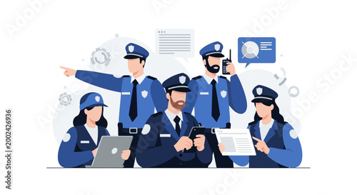 Flat vector illustration depicting a diverse team of police officers in uniform, some using devices like laptops and radios, set against a clean white background with soft, diffused
