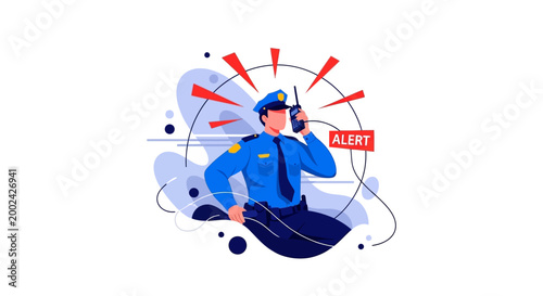Illustration of a policeman in a blue uniform using a walkie-talkie against a clean white background with graphic red alert signals emanating, conveying a sense of urgency and immediate