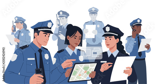 Group of diverse police officers in uniform collaboratively planning with a digital tablet showing a map, surrounded by colleagues holding documents and radios against a simple white