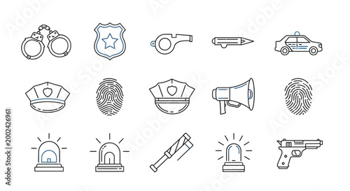 Monochrome outline illustration featuring police equipment, including handcuffs, badge, whistle, baton, car, cap, fingerprint, megaphone, and gun, neatly arranged on a clean white
