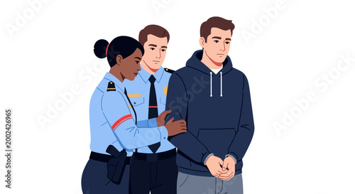 Illustration of two police officers, one male and one female, escorting a young man in handcuffs against a white background, depicting a serious scene with cool, neutral tones and a focus