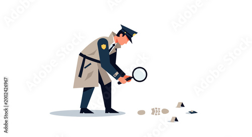 Illustrated detective in a trench coat carefully examines footprints and bone fragments on the ground with a magnifying glass, set against a clean white background in a flat, graphic style