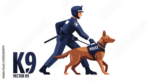 A vector illustration depicts a police officer in dark blue uniform walking with a K9 police dog wearing a vest labeled 'POLICE', set against a clean white backdrop with a flat, graphic