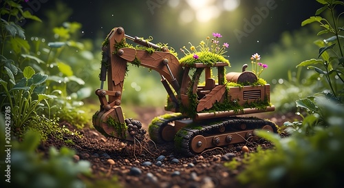 Whimsical wooden excavator made of natural materials with moss and flowers