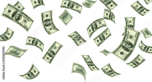 Flying Dollar Banknotes Vector. falling dollar bills and raining Isolated on Transparent Background.