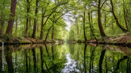 Tranquil forest scene with lush green trees reflecting in calm water of serene river surrounded by vibrant foliage