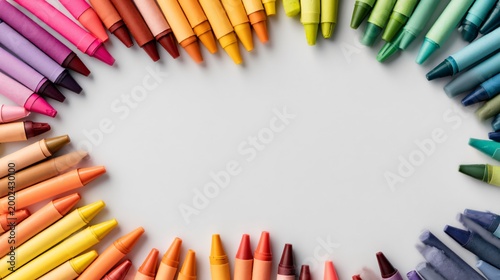 National Crayon Collection Month banner concept, bright crayons on white background, copy space for text, charity awareness visual