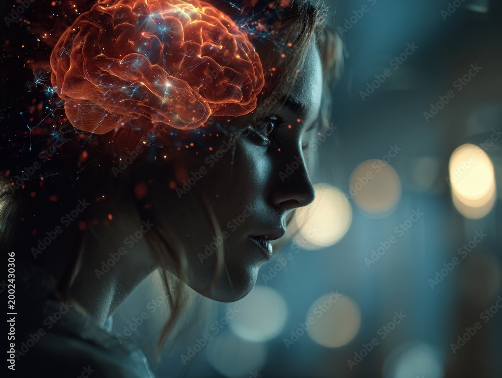 Obraz premium Profile of a young woman with glowing neural connections superimposed over her brain, symbolizing intelligence, creativity, and advanced cognitive processes in a dig