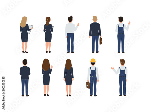 Set of diverse professional people standing in a row seen from behind.
