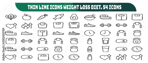 Collection of thin line icons representing weight loss diet and healthy lifestyle concepts