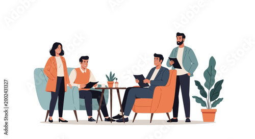 Four business professionals are depicted in a flat illustration style, engaged in a meeting with one standing and three seated, set in a simple office space with minimal decor and a clean