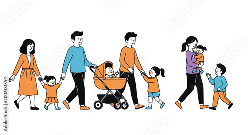 Flat vector illustration of diverse families walking with children, some holding hands, another pushing a stroller, set against a clean white background with a cheerful and wholesome vibe