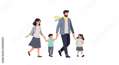 A faceless family of four is depicted in a simple vector illustration, walking hand-in-hand against a clean white background, with the father wearing a scarf in Ukrainian national colors